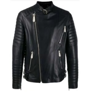 Belted Style Collar Black Biker Real Leather Jacket